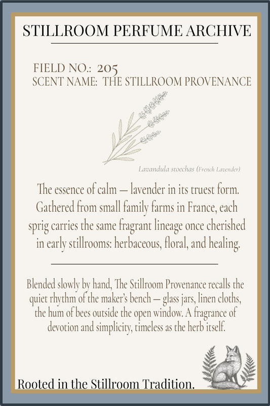 Stillroom Perfume Archive label for 'The Stillroom Provenance' with lavender illustration and description.