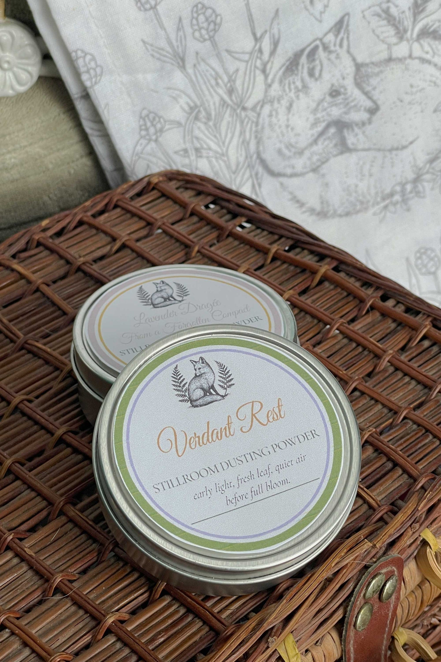 lavender dragee and verdant rest travel powder tin set ready to be packed