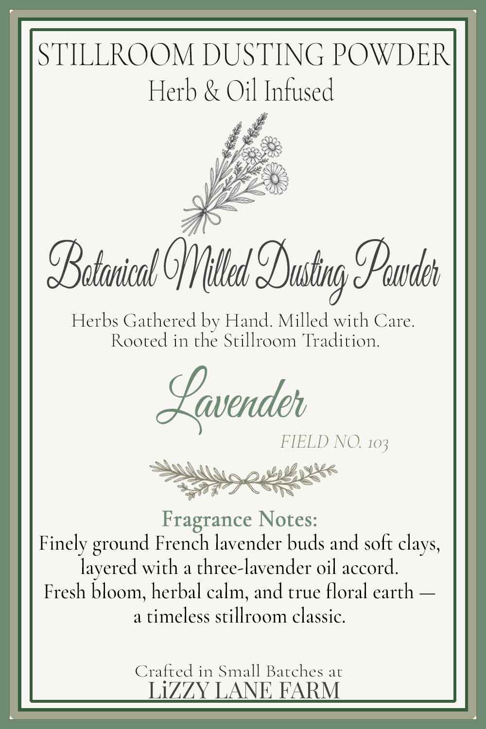 Herbal Lavender Dusting Powder information card. Herbal Blend- herb & oil infused collection