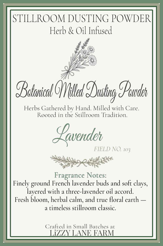 Herbal Lavender Dusting Powder information card. Herbal Blend- herb & oil infused collection