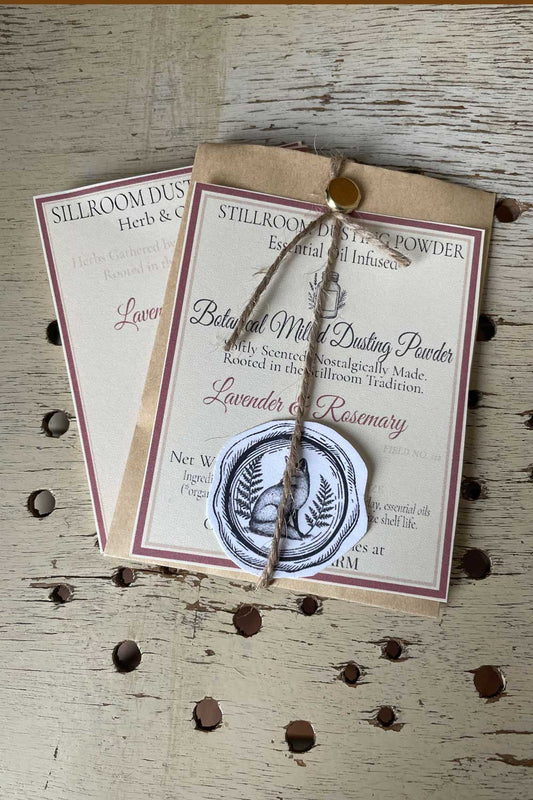 Essential Oil Infused Stillroom Dusting Powders — talc-free body powders scented with pure herbal essential oils.