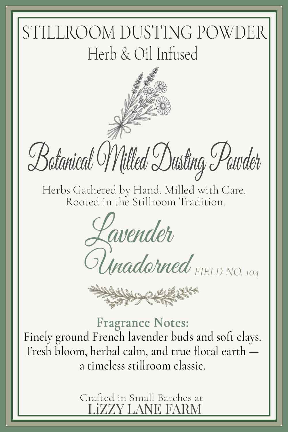 Information card- herbal lavender dusting powder, unadorned unscented