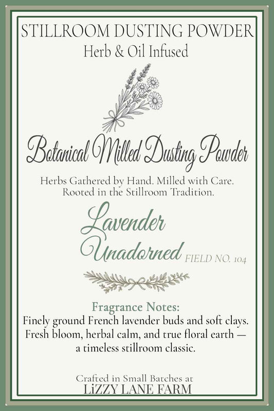 Information card- herbal lavender dusting powder, unadorned unscented