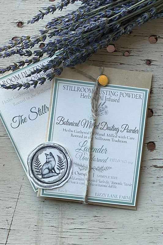 Field No. 104 Lavender Unadorned Dusting Powder — unscented sample in kraft coin envelope with brass clasp, twine, and fox seal. Herb & Oil Infused talc-free body powder, part of the Stillroom Archive Collection.
