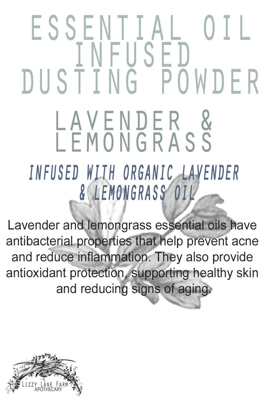 product description card: Our Lavender Lemongrass Organic Herbal Dusting Powder blends the soothing calm of lavender with the bright, refreshing zest of lemongrass for a perfectly balanced experience. 