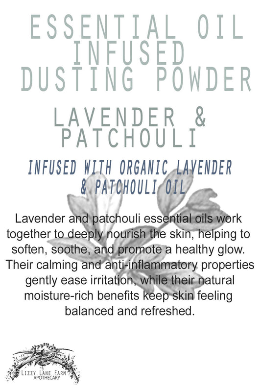 product card lavender and patchouli dusting powder. herbal benefits