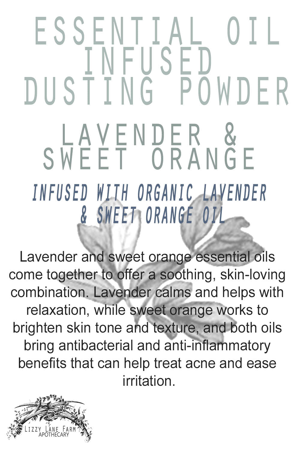 Bottles of lavender and sweet orange infused dusting powder on a vintage dresser. This natural body powder absorbs moisture, soothes skin, and keeps you feeling fresh all day—free from talc, cornstarch, and synthetic fillers. Perfect for a calming and refreshing experience with pure botanical ingredients.