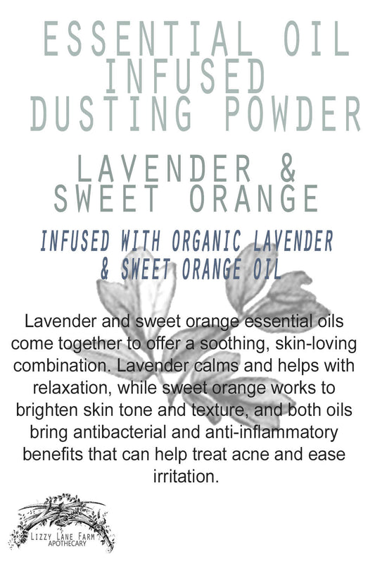 Bottles of lavender and sweet orange infused dusting powder on a vintage dresser. This natural body powder absorbs moisture, soothes skin, and keeps you feeling fresh all day—free from talc, cornstarch, and synthetic fillers. Perfect for a calming and refreshing experience with pure botanical ingredients.