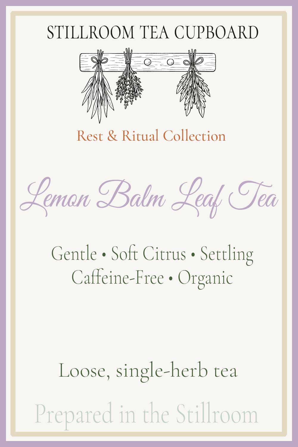 hover card, lemon balm leaf tea part of the rest and ritual collection. organic loose leaf tea