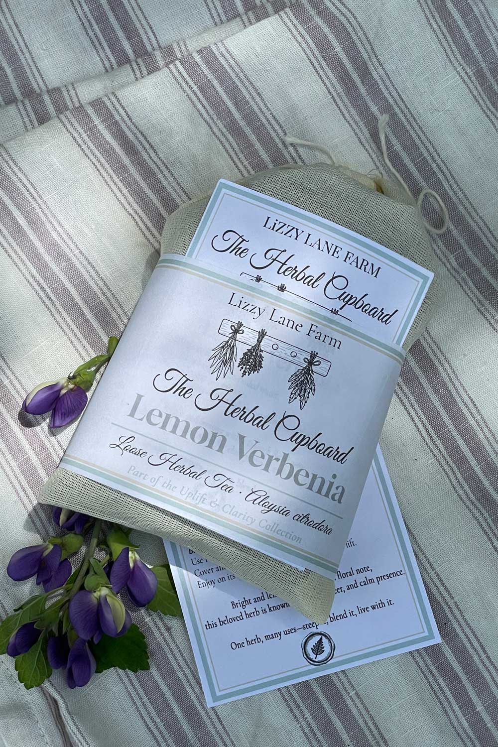 lemon verbenia loose leaf tea in muslin bag. part of the uplift and clarity loose leaf tea collection