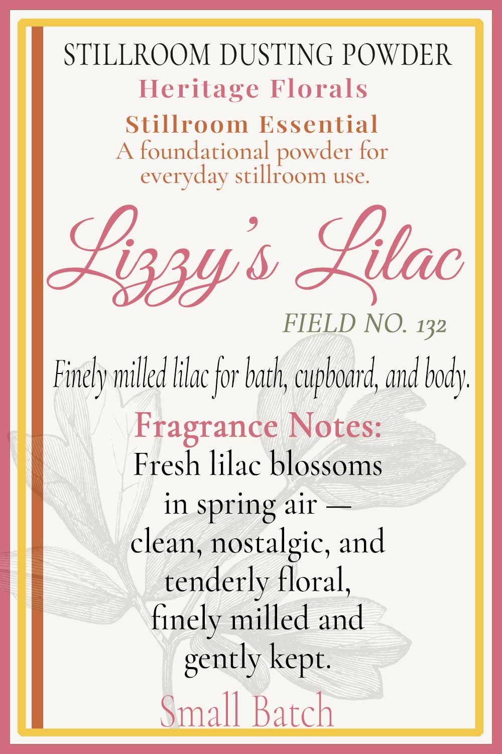 hover description card lizzy's lilacs dusting powder. freshly milled.