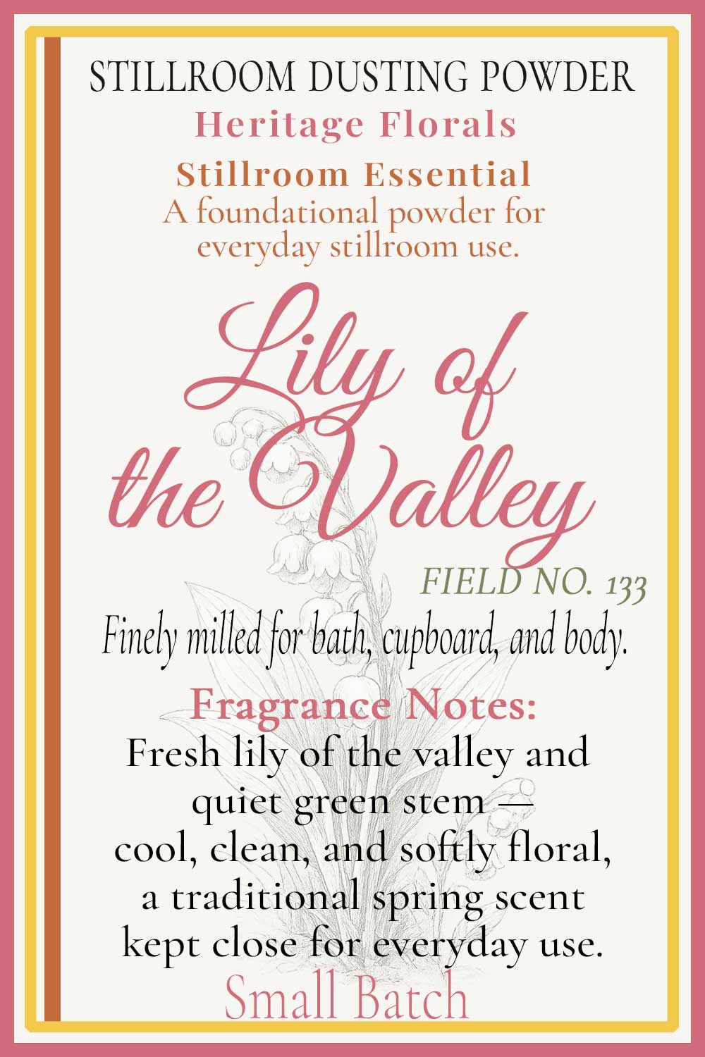 lily of the valley dusting powder information card part of the heritage florals collection and the stillroom essentials collection
