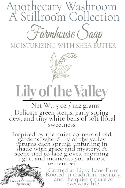 Hover card for Lily of the Valley soap from the Apothecary Washroom Collection. Includes scent notes of dew-covered florals and soft woodland greens, alongside a short story about childhood gardens and spring’s quiet return. Finished with a vintage-style line illustration of lily of the valley and Lizzy Lane Farm branding.

