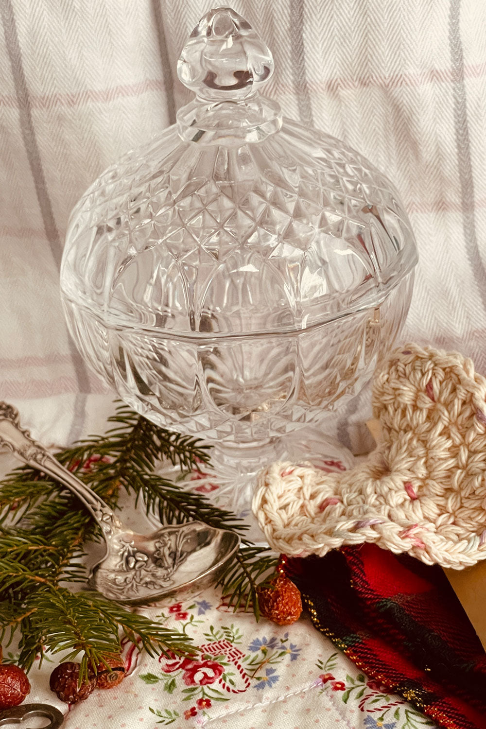 Vintage Longchamp crystal powder dish displayed with evergreen sprigs — handmade Lavender Dragée powder gift.