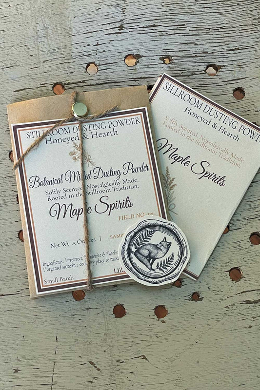 Maple Spirits seasonal dusting powder, sample sized packaging with series archival card introduction