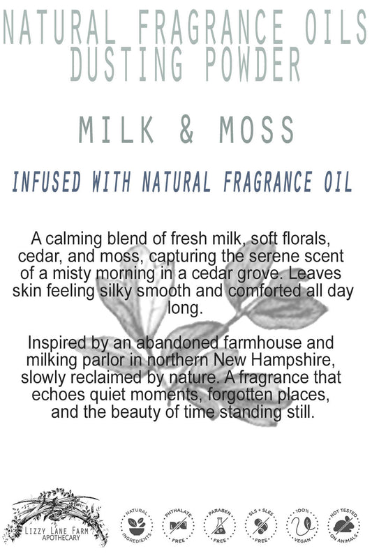 A vintage-inspired product card featuring soft, muted tones and botanical illustrations, reflecting the gentle, earthy essence of Milk & Moss. Highlights its natural ingredients and soothing fragrance.