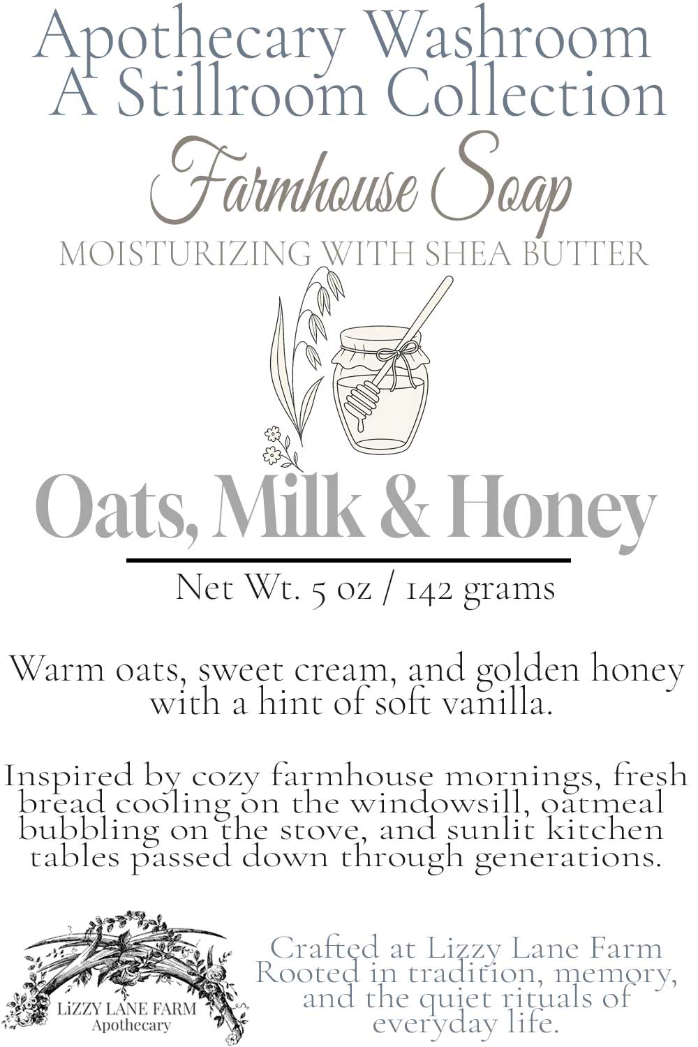 Hover card for Oats, Milk & Honey soap from the Apothecary Washroom Collection. Features warm scent notes of oats, cream, and honey, along with a story about farmhouse mornings. Finished with a hand-drawn oat stalk illustration and Lizzy Lane Farm branding.