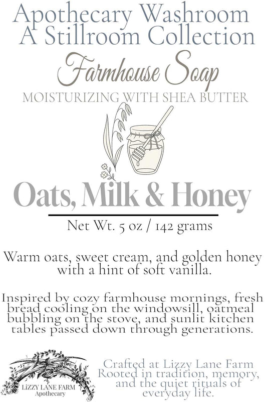 Hover card for Oats, Milk & Honey soap from the Apothecary Washroom Collection. Features warm scent notes of oats, cream, and honey, along with a story about farmhouse mornings. Finished with a hand-drawn oat stalk illustration and Lizzy Lane Farm branding.