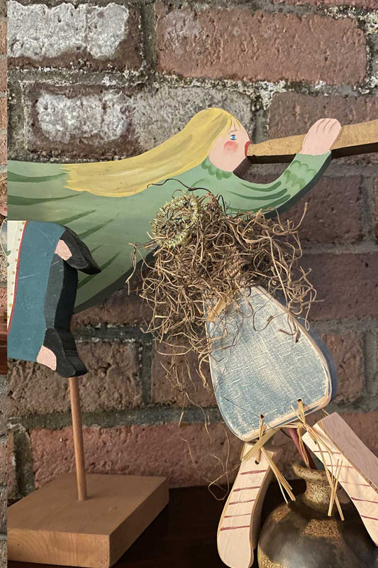 Susan’s Hand Painted Wooden Angel Set – Folk Art Trumpet Angels with Doll – Primitive Americana Mantel Decor
