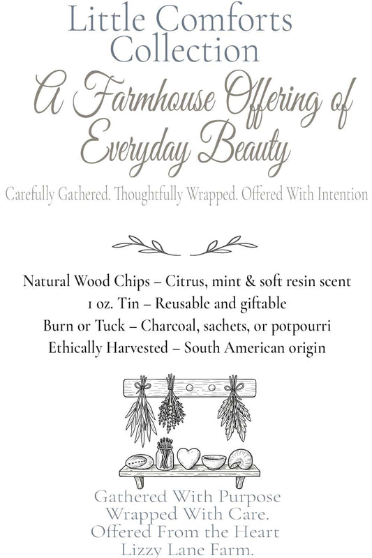 palo santo herb tin info card. part of the little comforts collection- a farmhouse offering of everyday beauty.