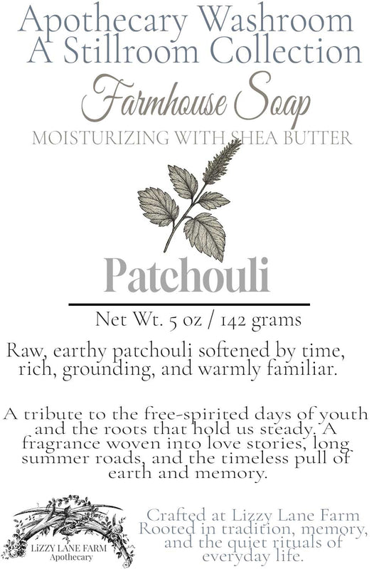 Hover card for Patchouli soap from the Apothecary Washroom Collection. Features scent notes of earthy, raw patchouli with a short story about freedom, love, and grounding roots. Includes a botanical patchouli leaf line illustration and Lizzy Lane Farm branding.