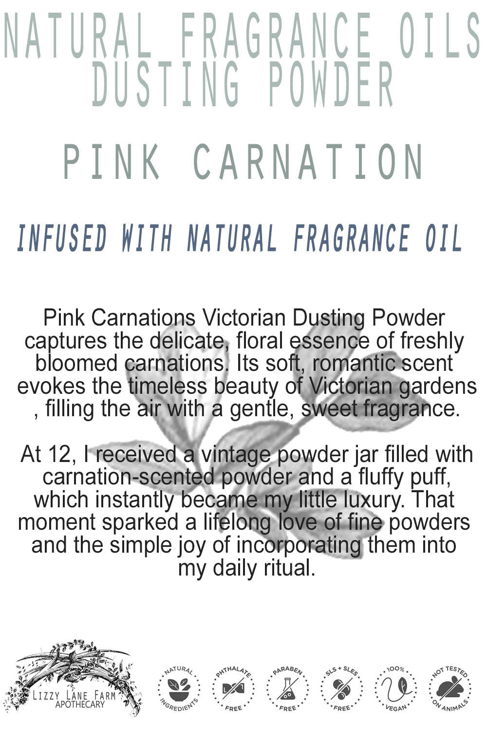 A product card with elegant text detailing the Pink Carnations Victorian Dusting Powder, featuring a soft floral scent reminiscent of Victorian gardens. The card rests on a vintage dresser, capturing the essence of timeless beauty and delicate luxury.