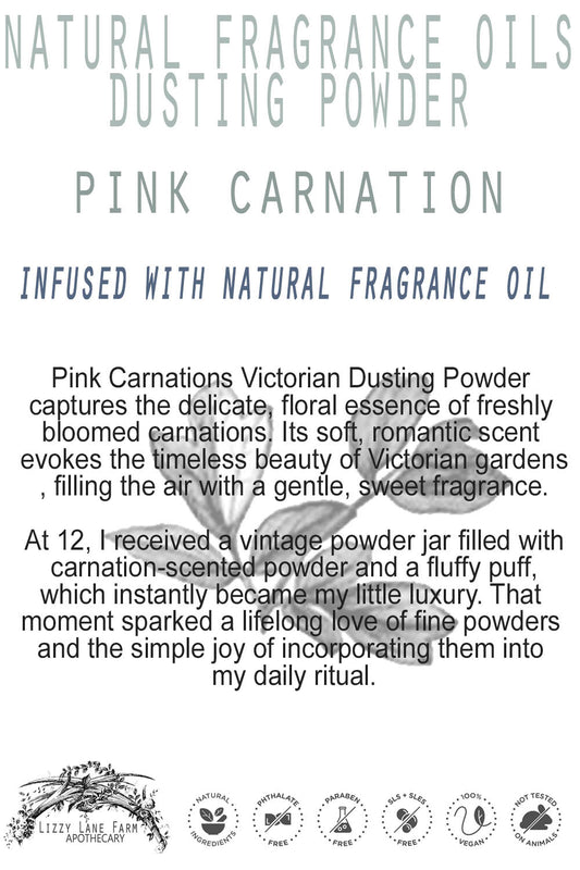 A product card with elegant text detailing the Pink Carnations Victorian Dusting Powder, featuring a soft floral scent reminiscent of Victorian gardens. The card rests on a vintage dresser, capturing the essence of timeless beauty and delicate luxury.