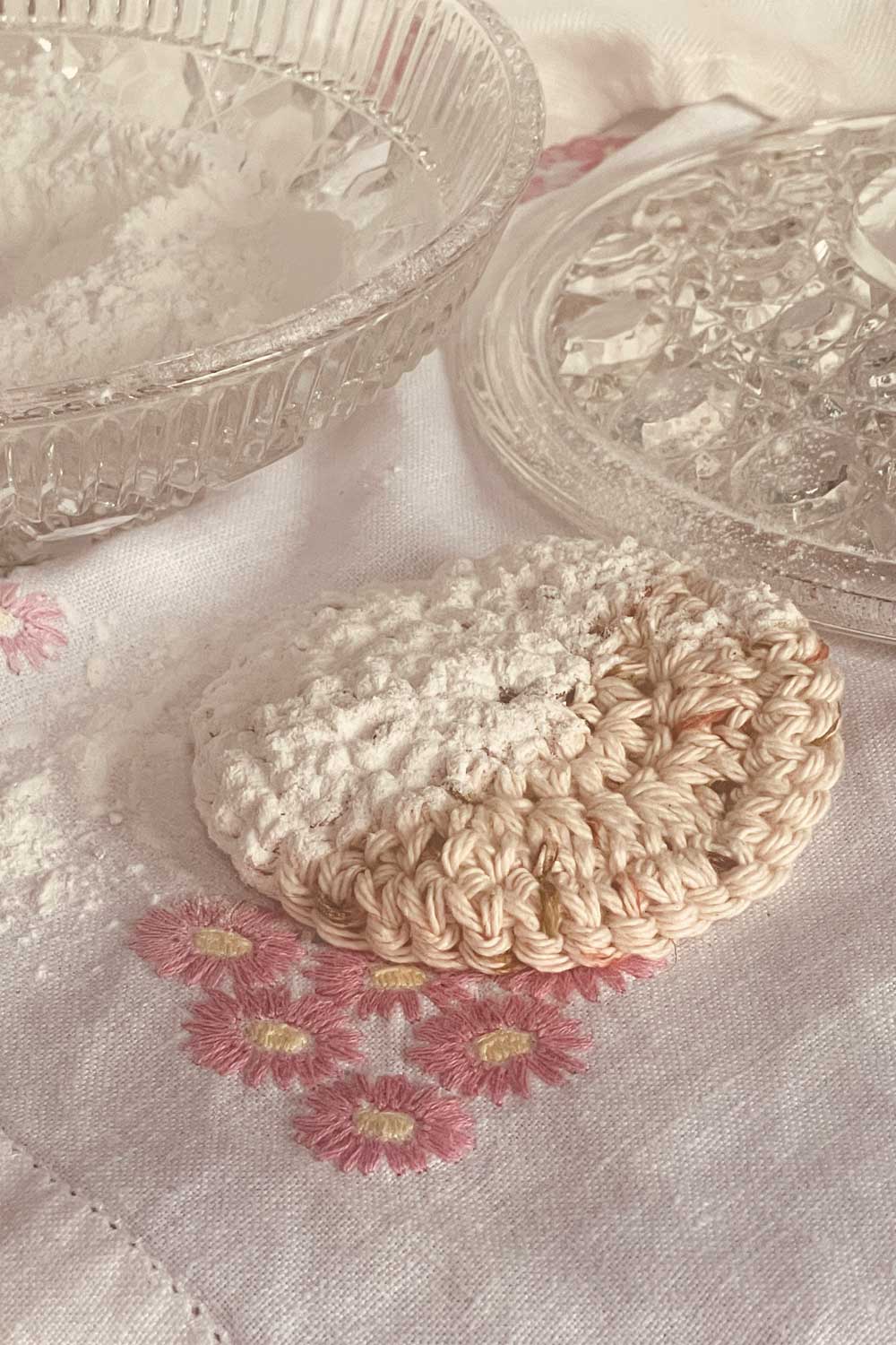 powder round on vanity table ready for the morning powder ritual