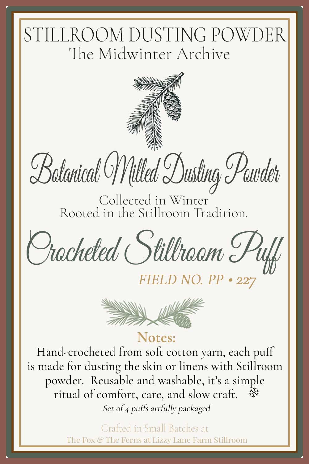 Field Note and maker’s card for the Midwinter Archive powder puffs — stamped with the Stillroom spoon impression.