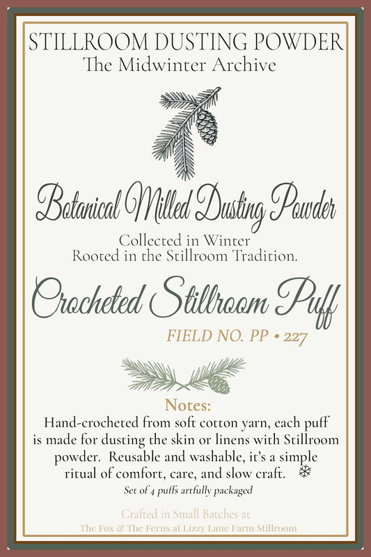 Field Note and maker’s card for the Midwinter Archive powder puffs — stamped with the Stillroom spoon impression.