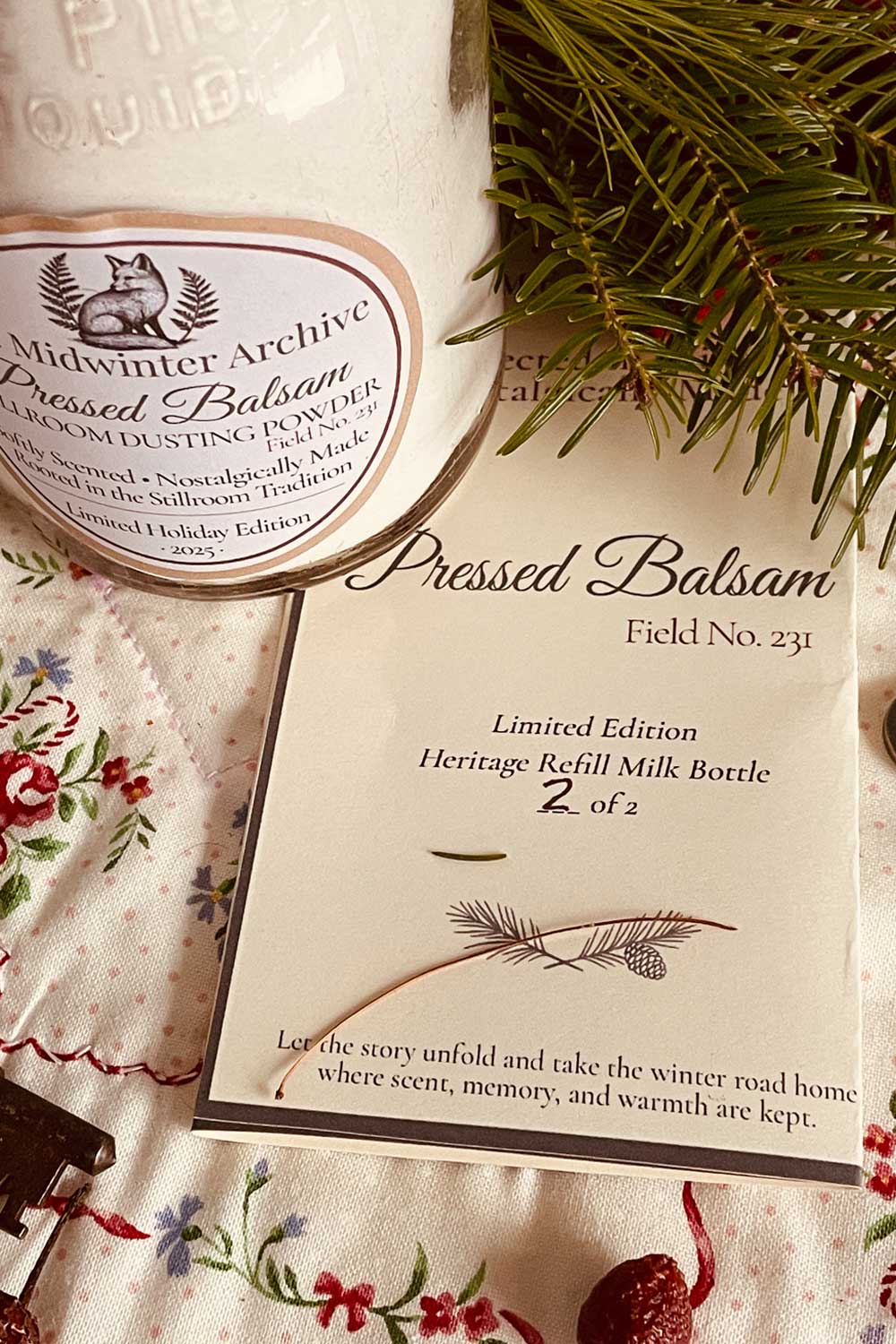 Numbered collectible archive cards for limited-edition dusting powder refills, styled with antique keys for a vintage cottagecore holiday aesthetic