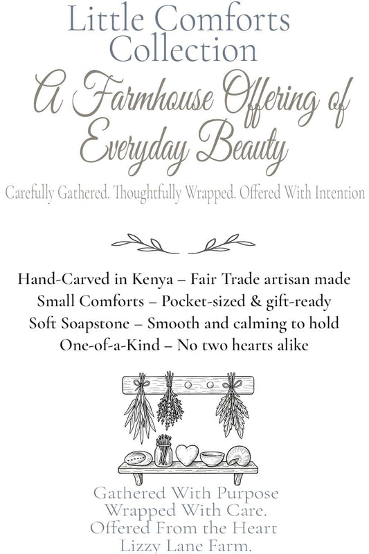 info card details about the carved red heart stones. part of the little comforts collection at lizzy lane farm