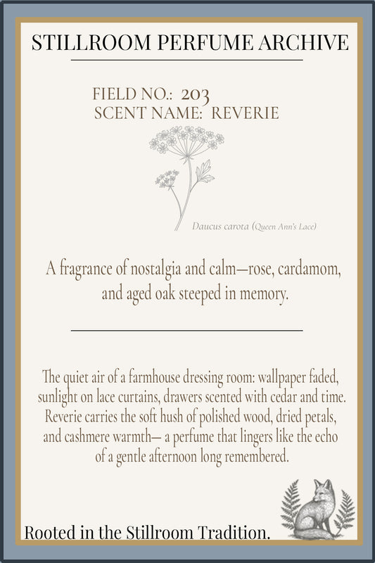 Stillroom Perfume Archive description card for 'Reverie' scent with floral illustration and text.