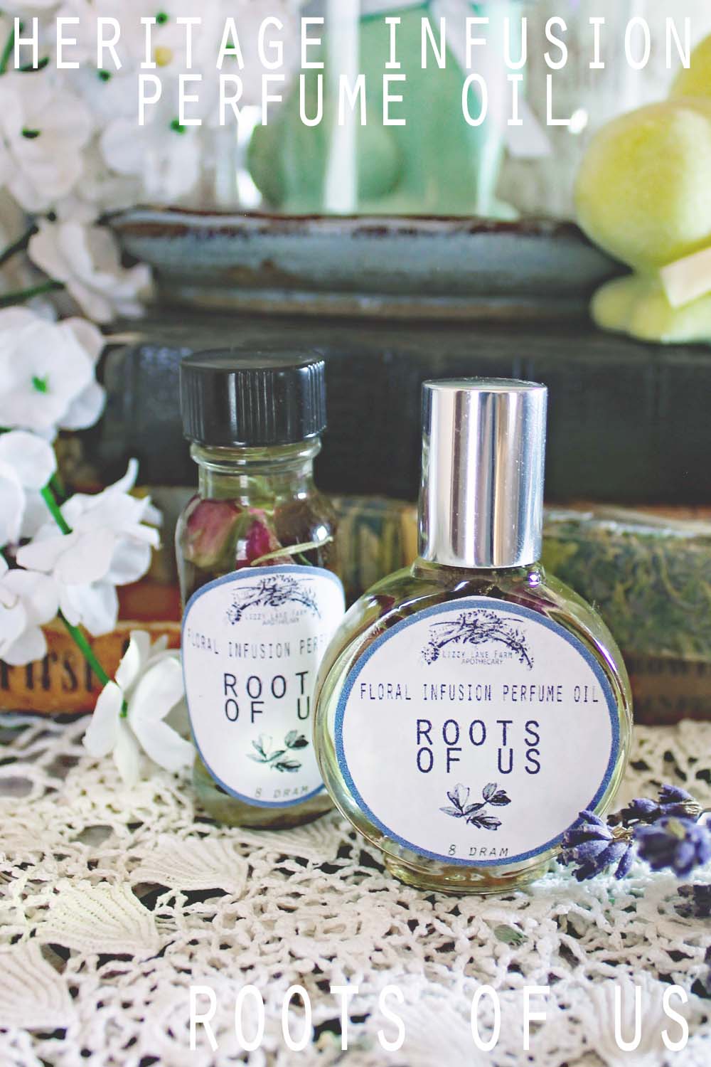 Roots of Us perfume oil – a handcrafted blend of pure 1970s patchouli and lavender, infused with pink rosebuds, allspice, dill seed, uva ursi, and rosemary. Earthy, spicy, and nostalgic fragrance inspired by vintage love, bohemian spirit, and timeless adventure.