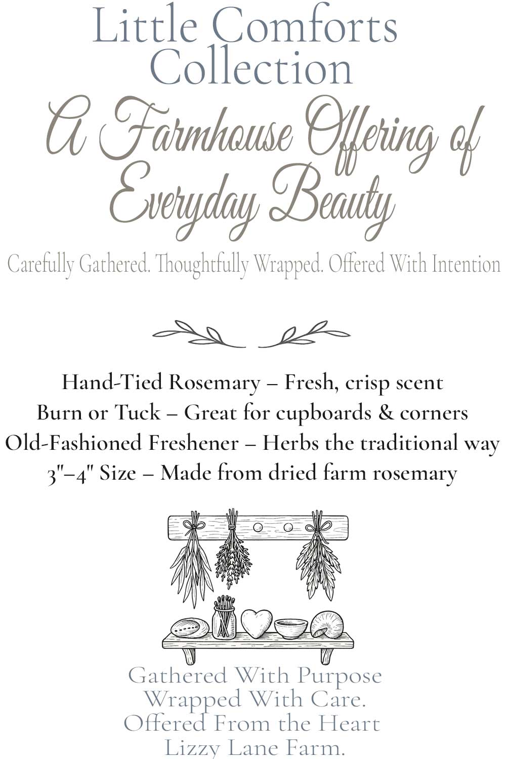 product information card for hand tied rosemary bundles, part of the little comforts collection at lizzy lane farm.