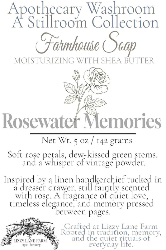 a rollover image of rosewater memories farmhouse soap. includes the scent description and inspiration for the creamy white farmhouse soap