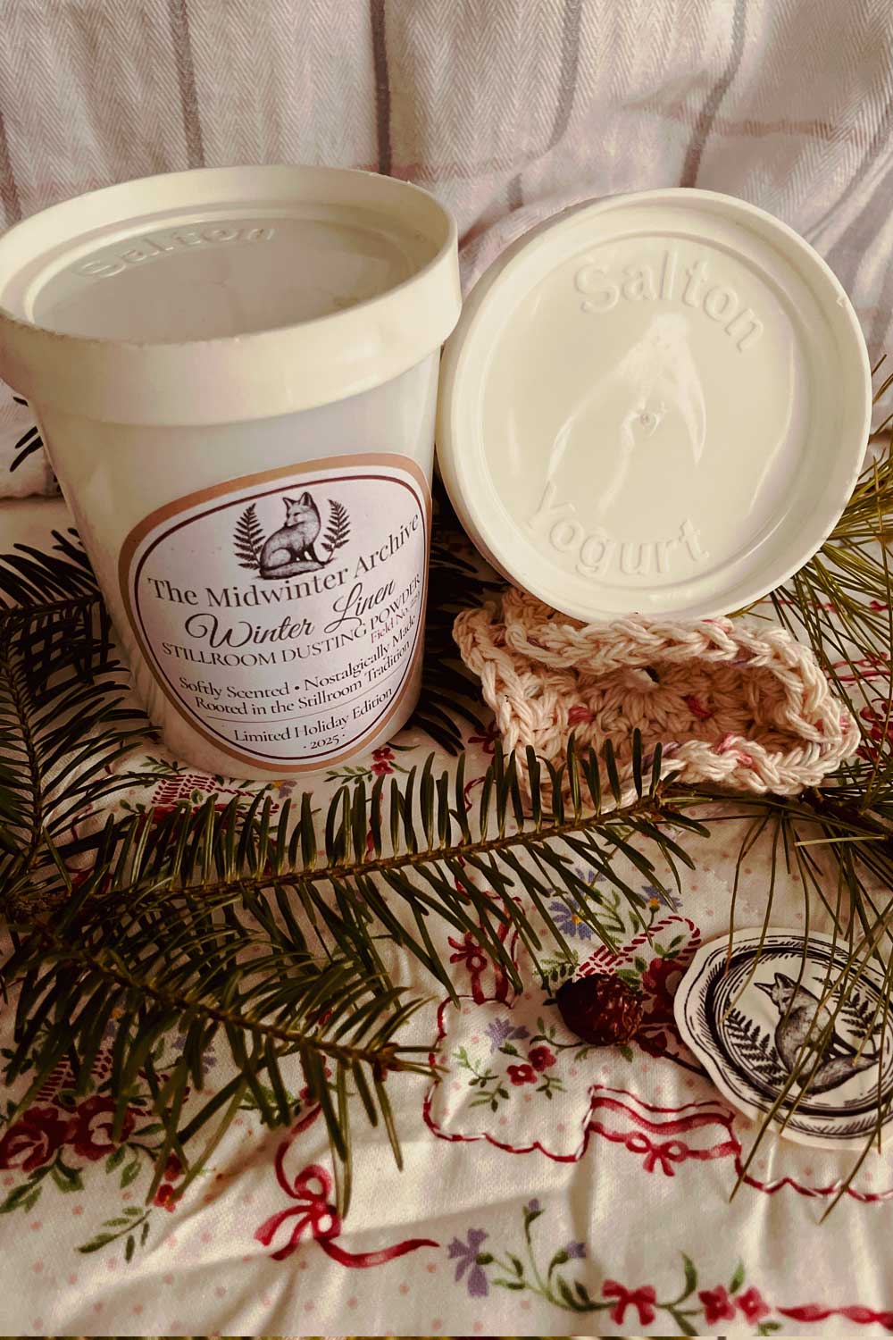 Winter Linen and Pressed Balsam Salton Jar powders with archival cards and balsam sprigs — vintage-inspired winter cottagecore gift set.