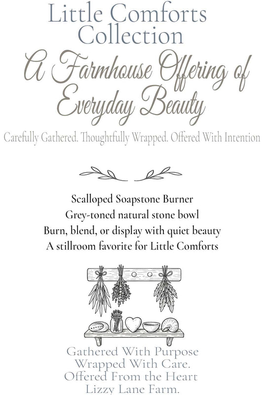 details of the small scalloped bowl info card. part of the little comforts collection at lizzy lane farm