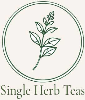 Green line-drawn icon of a single herb sprig inside a circular frame, representing single herb teas.