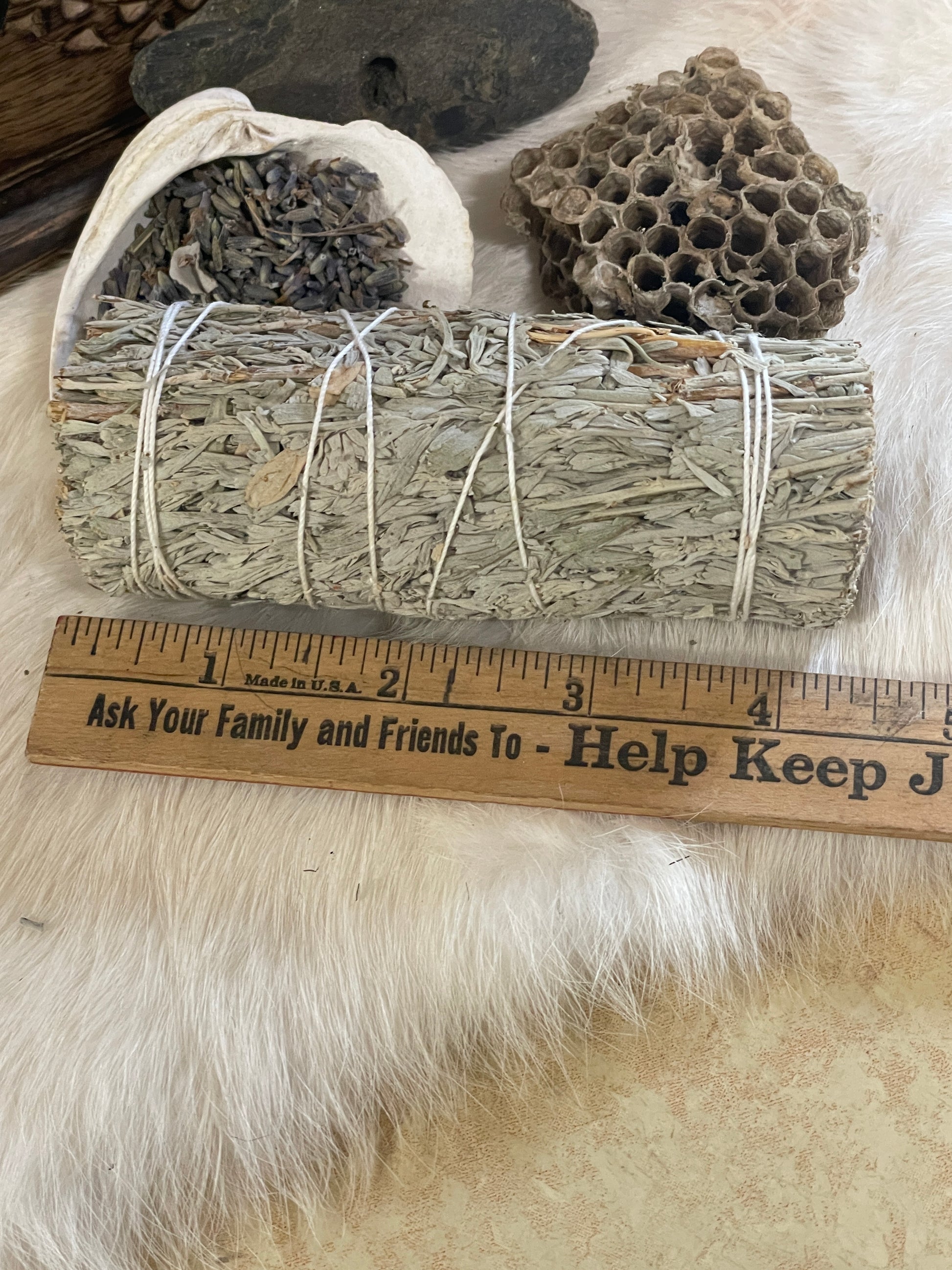 White Copal Smudge Stick- Mountain Sage and Copal Resin close up with ruler showing the size of the bundle.