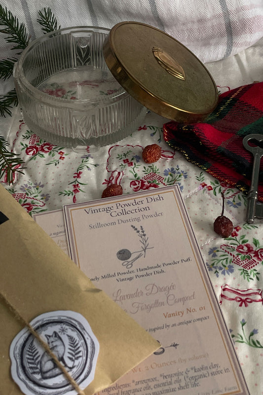 Lavender Dragée Dusting Powder in Vintage Art Deco Pressed Glass Jar with Brass Lid — Stillroom Powder Dish