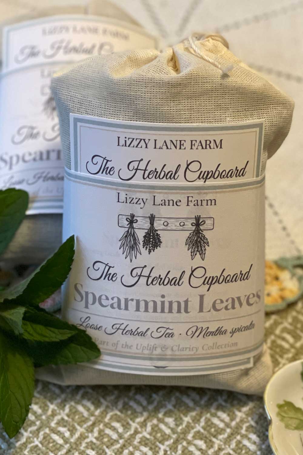 spearmint leaf tea in muslin packaging with label and brewing guide