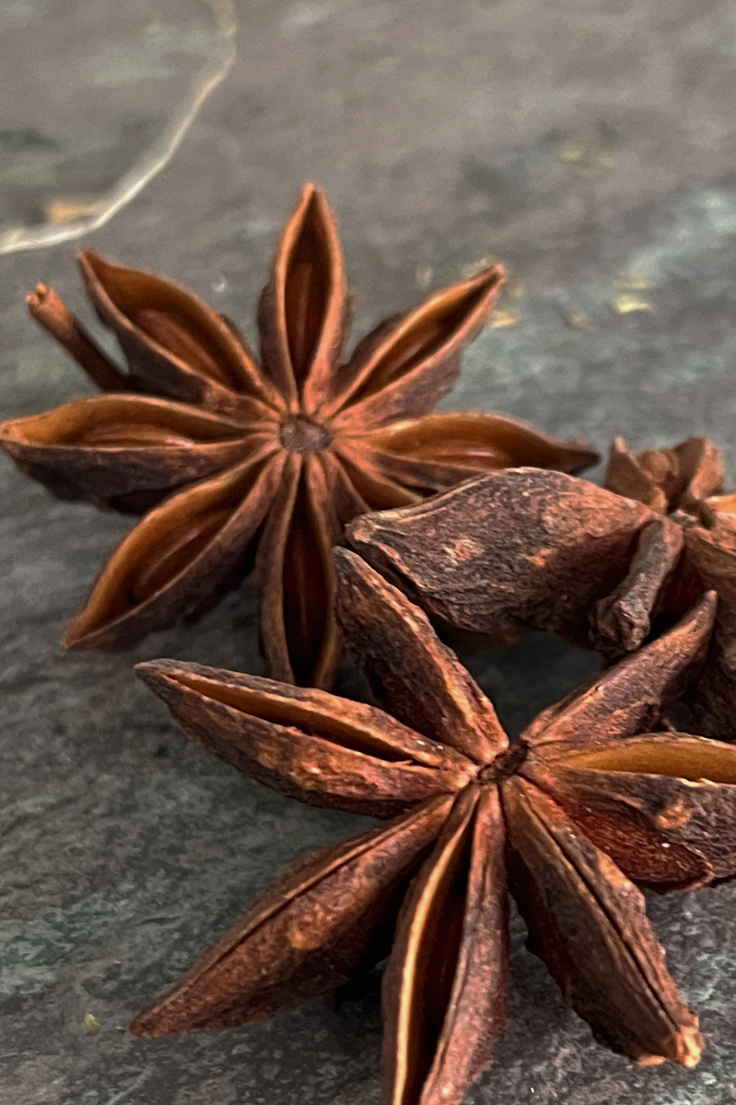 Whole dried star anise pods on slate, organic culinary and herbal spice for tea, simmer pots, and kitchen use.