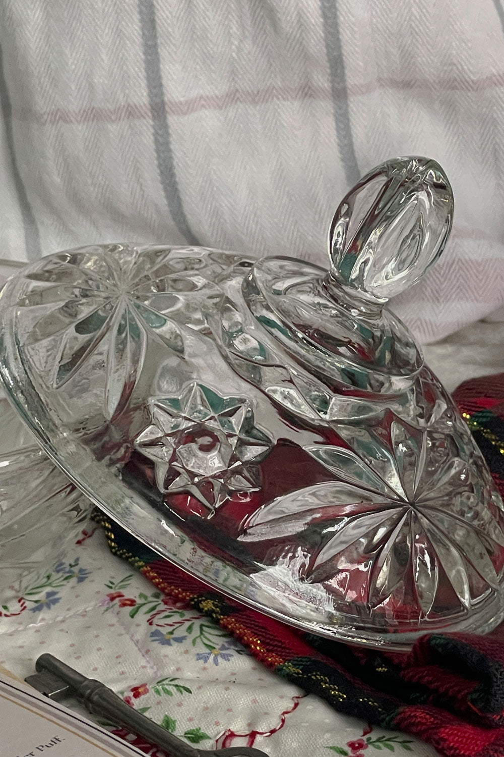 Open Anchor Hocking ‘Star of David’ pressed glass powder dish with handmade Stillroom dusting powder set, archive cards, and antique key — winter vintage gift set.