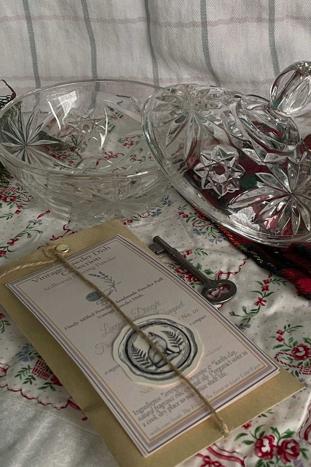Close-up of the ‘Star of David’ pattern on the vintage Anchor Hocking powder dish lid, clear pressed glass with winter stillroom styling.