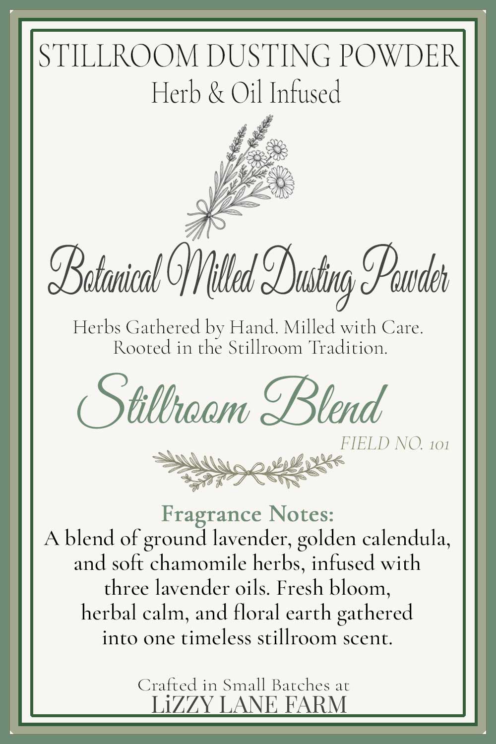Herbal Stillroom Blend Dusting Powder sample envelope — lavender chamomile calendula talc-free.