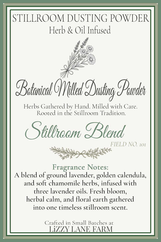 Herbal Stillroom Blend Dusting Powder sample envelope — lavender chamomile calendula talc-free.