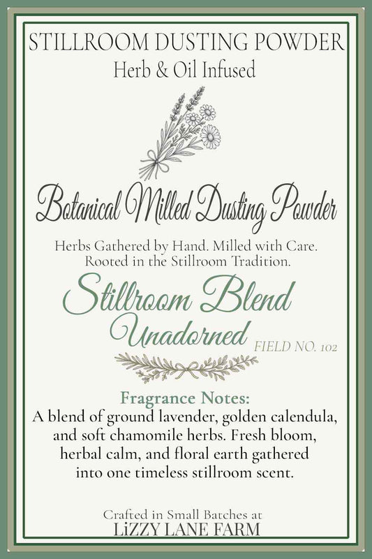 Stillroom Archive hover card showing field number, descriptors, and botanical engraving for the Dusting Powder collection.