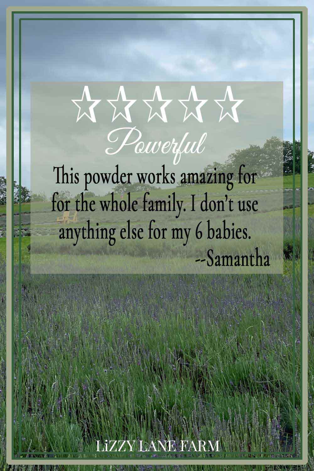 Customer review card overlaying a lavender field background for Stillroom Dusting Powder, sharing testimonial and five-star feedback
