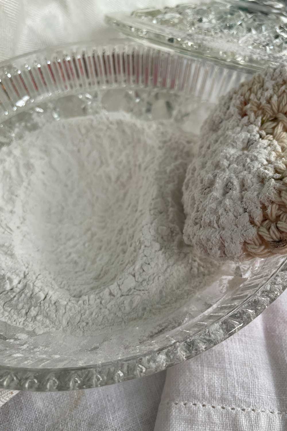 loose stillroom essentials dusting powder in vintage powder bowl travel set lavender and lily of the valley.